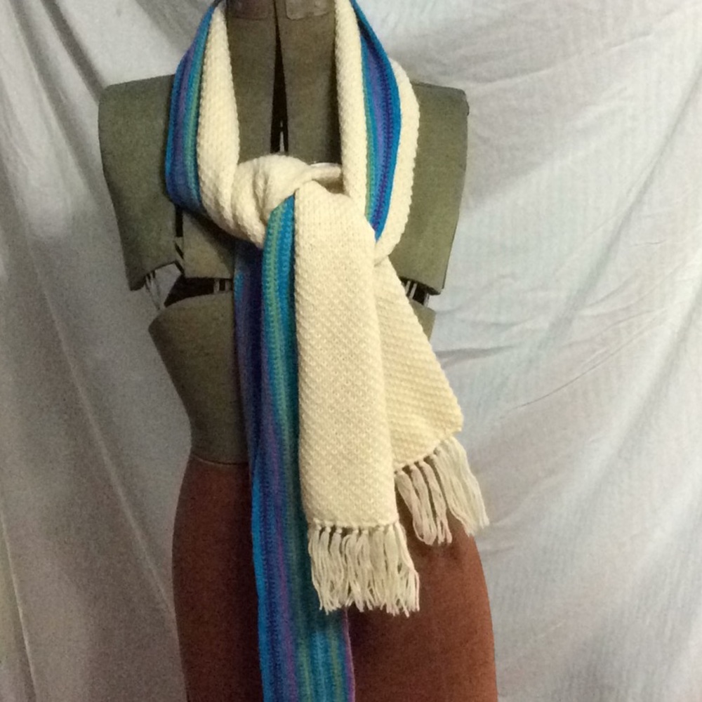 Bundle of knitted scarfs. White and multi colored. B27